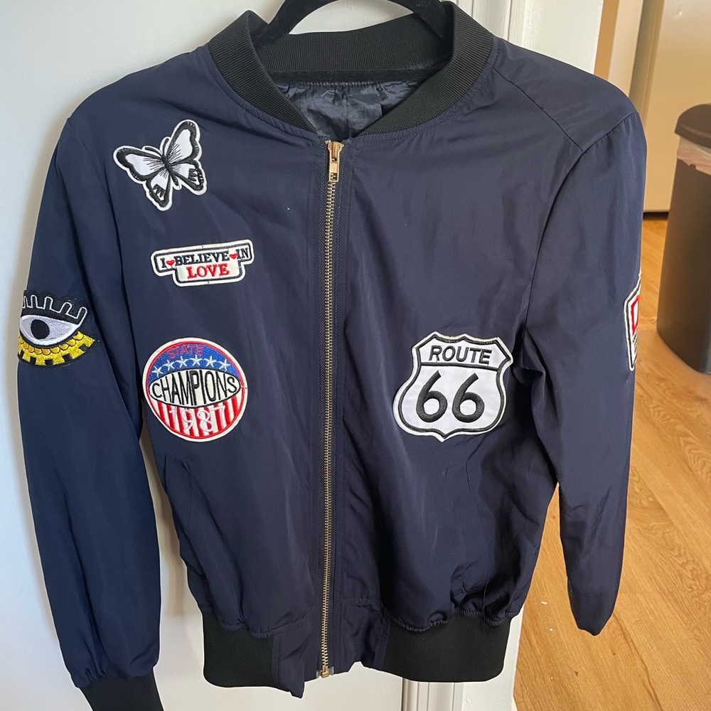 Navy blue bomber jacket with patches size small